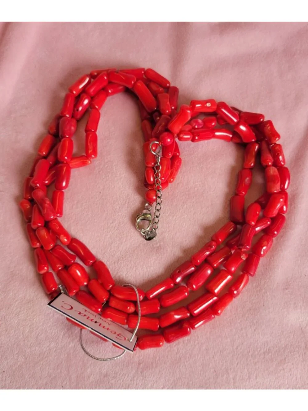 NWT Gemma C New York Layered Red Coral Long Beaded 925 Silver Necklace N1A